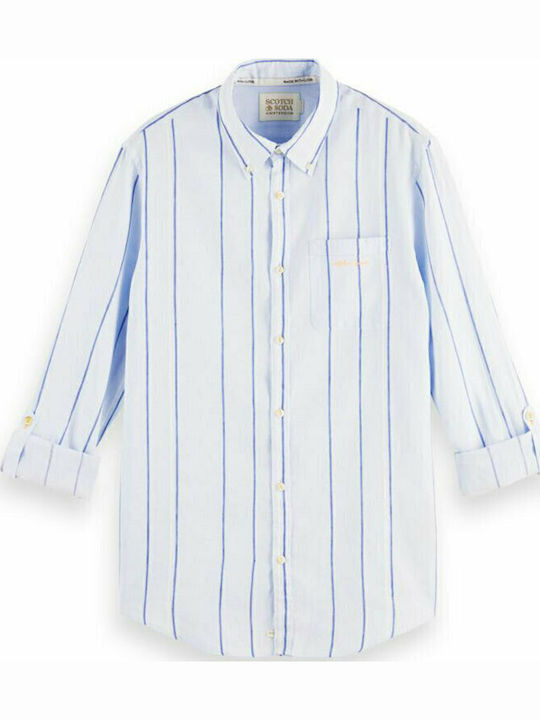 Long-sleeved Linen Shirt Striped Light Blue