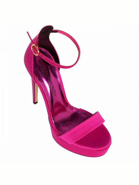 Sante Platform Fabric Women's Sandals with Ankle Strap Fuchsia with Thin High Heel