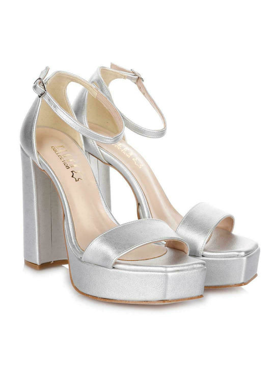 Ellen Platform Leather Women's Sandals with Ankle Strap Silver