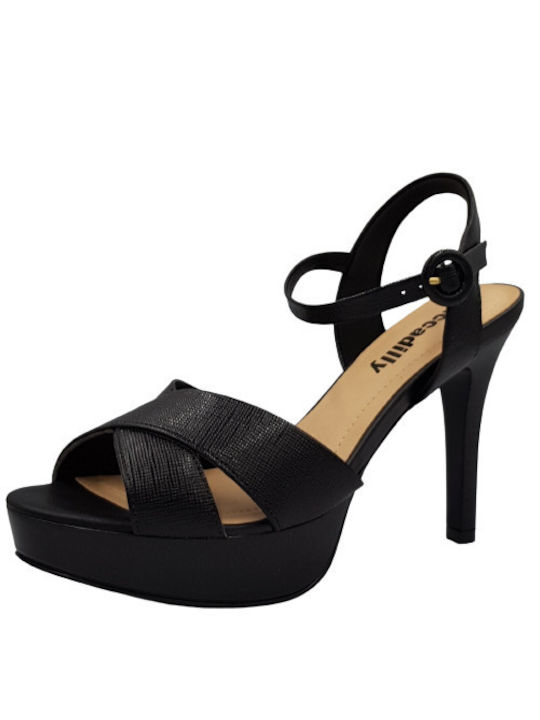 Piccadilly Platform Women's Sandals with Ankle Strap Black with Thin High Heel