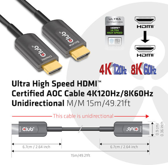 Club3D HDMI 2.1 Ultra High Speed 48Gbps 4K 120Hz HDR VRR Cable HDMI male - HDMI male 15m Μαύρο