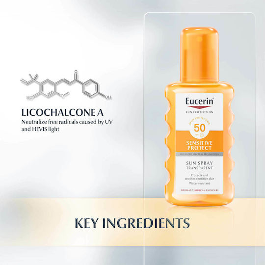 Eucerin Sun Transparent Sensitive Protect Водоустойчива Слънцезащитна Лосион за Тяло SPF50 в Спрей 200мл