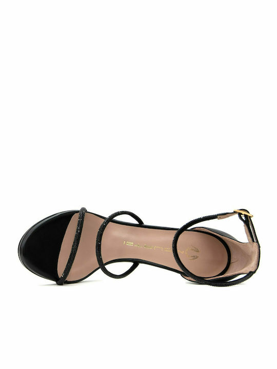 Mourtzi Leather Women's Sandals Julie with Strass & Ankle Strap Black