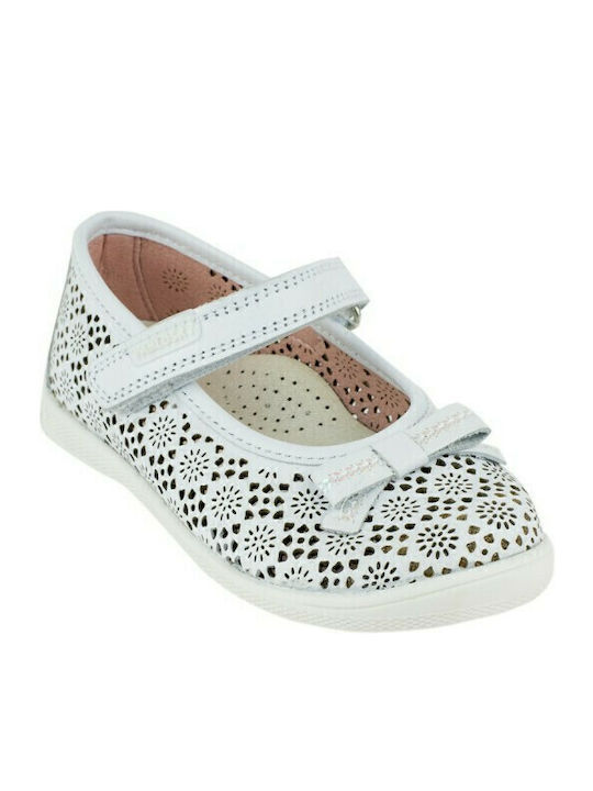 Kids Leather Ballerinas with Hoop & Loop Closure White