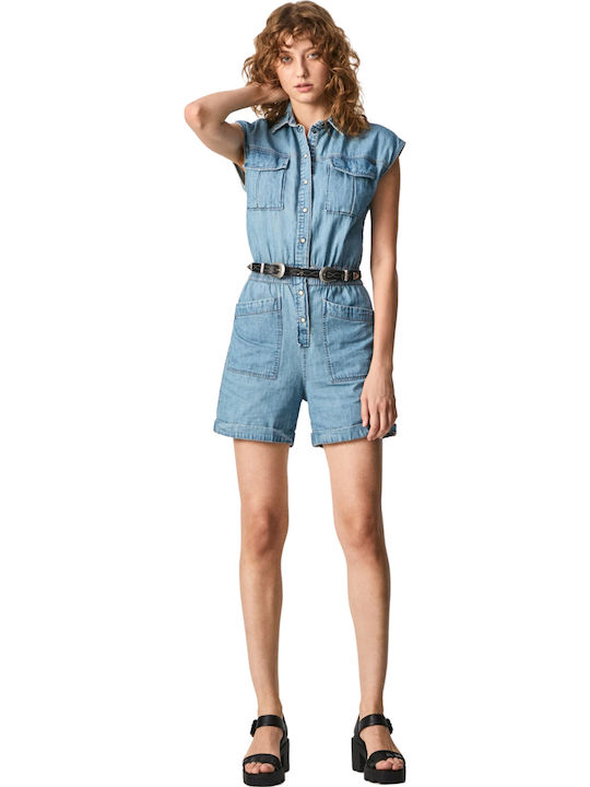 Gwen Women's Denim Sleeveless One-piece Shorts Light Blue