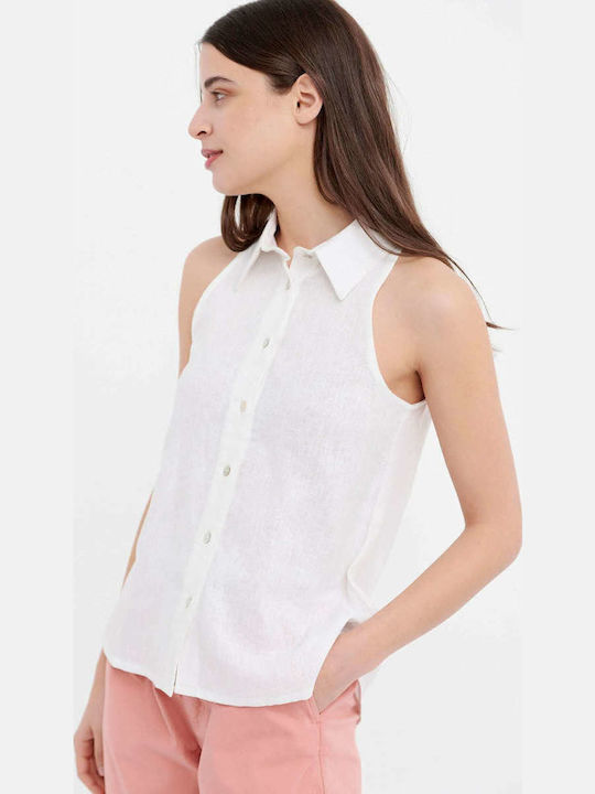 Women's Linen Monochrome Sleeveless Shirt White