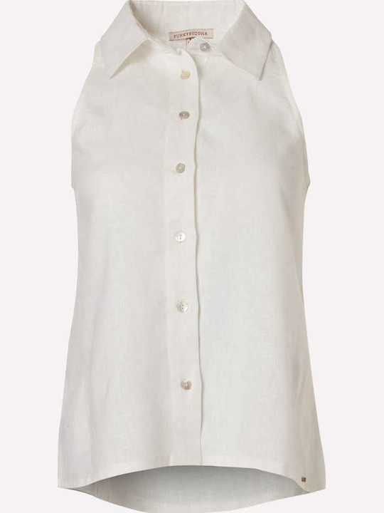 Women's Linen Monochrome Sleeveless Shirt White