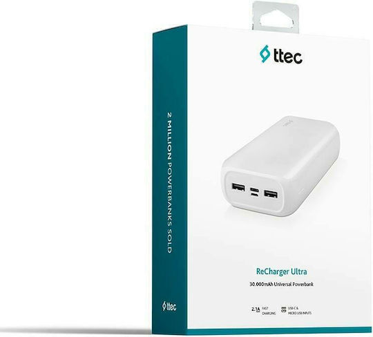 TTEC ReCharger Ultra Power Bank 30000mAh 10.5W mit 2 USB-A Anschlüssen und USB-C Anschluss Weiß