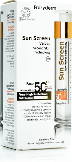Frezyderm Sun Screen Velvet Αδιάβροχη Αντηλιακή Κρέμα Προσώπου SPF50+ 50ml