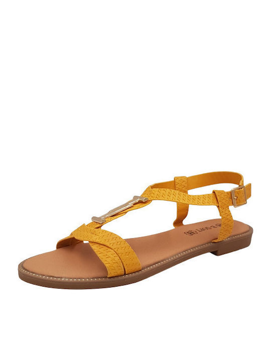 Leather Women's Flat Sandals with Strap in Yellow Color