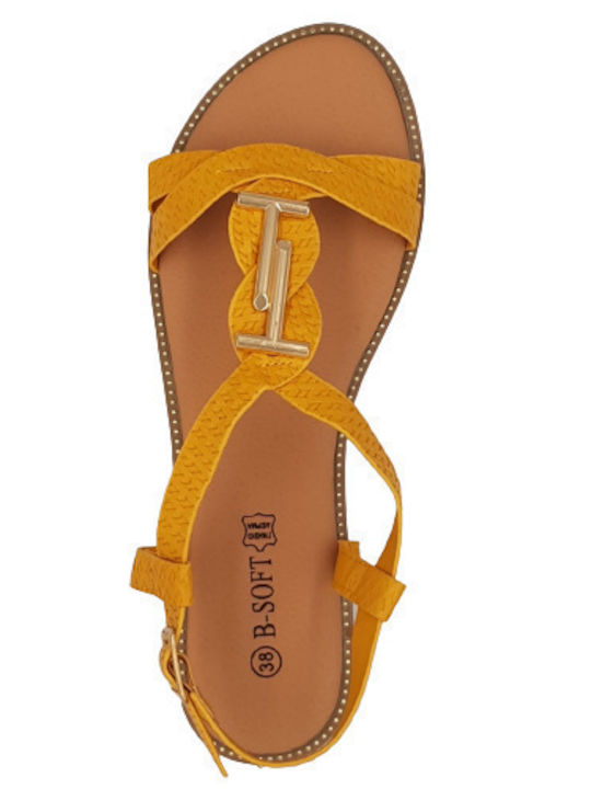 Leather Women's Flat Sandals with Strap in Yellow Color