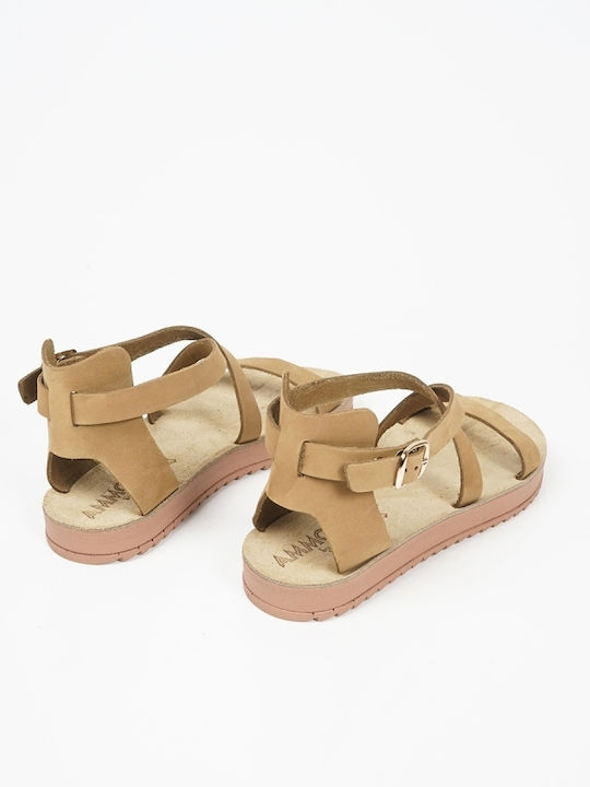 Leather Women's Flat Sandals Anatomic in Beige Color