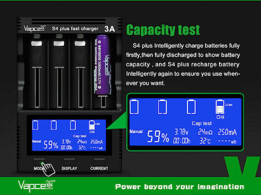 Vapcell S4 Plus Φορτιστής 4 Μπαταριών Li-ion/Ni-Cd/Ni-MH Μεγέθους AA/AAA/21700