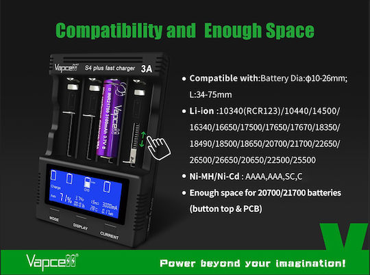 Vapcell S4 Plus Φορτιστής 4 Μπαταριών Li-ion/Ni-Cd/Ni-MH Μεγέθους AA/AAA/21700