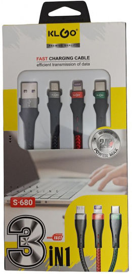 KLGO S-680 Braided USB to Lightning / Type-C / micro USB 1m Cable Multicolour