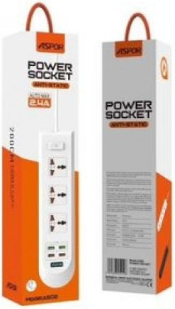 Aspor A502 Power Strip 5 Positions with 4 USB-A, Switch and Cable 2m