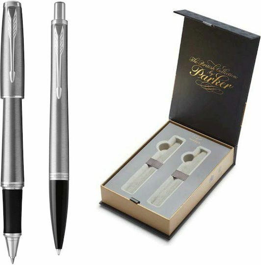 Parker Urban Core Metro Pen Set Rollerball with Fountain Pen made of Steel Metallic CT in a case (in a paper cassette)