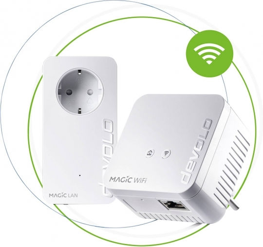 Devolo Magic 1 WiFi mini Powerline Dual Kit Wi‑Fi 4 with Passthrough Socket and Ethernet Port