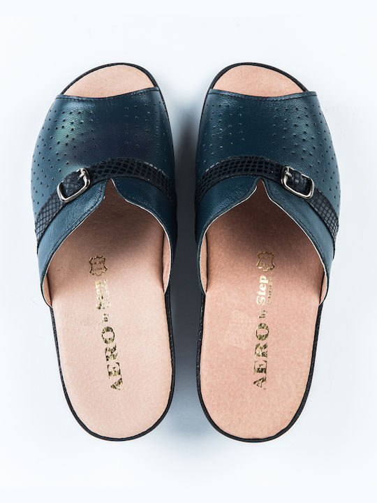 Women's classic leather slippers, Greek made STEP 35 Blue