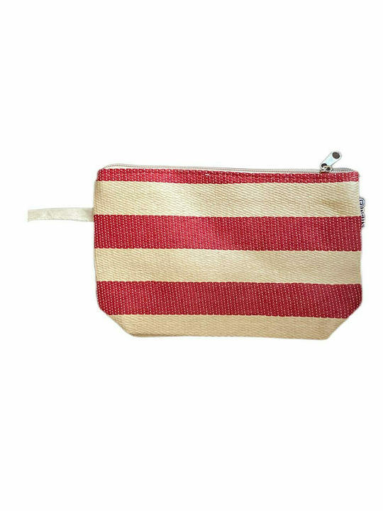 Benzi Striped Fabric Beach Bag with Toiletry Bag with Inner Pockets Red 52x19x36cm