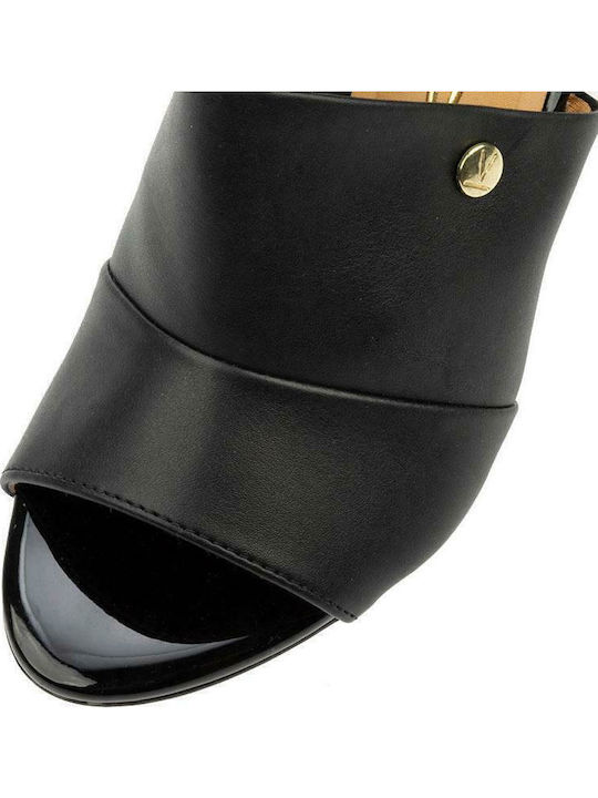 Leather Mules with Chunky High Heel in Black Color
