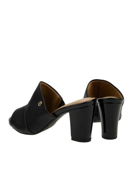 Leather Mules with Chunky High Heel in Black Color