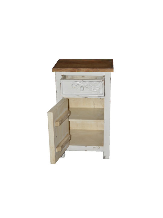 Syros Bedside Table of Solid Wood Λευκό / Φυσικό 42x32x70cm