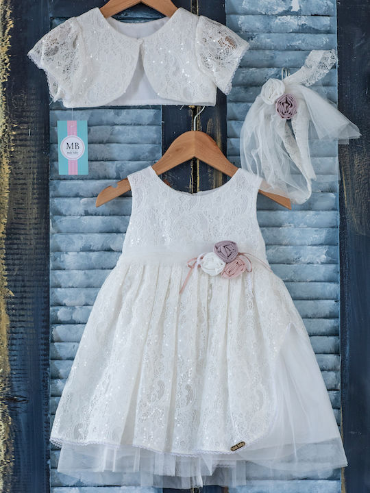 Mak White Baptism Clothing Set with Hair Accessories , Cardigan & Dress made of Lace 3pcs
