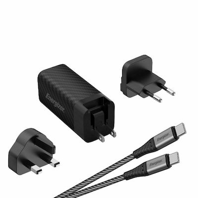 Energizer Încărcător GaN cu Port USB-A și Port USB-C și Cablu USB-C 65W Livrarea energiei Negruς (A65MUC)