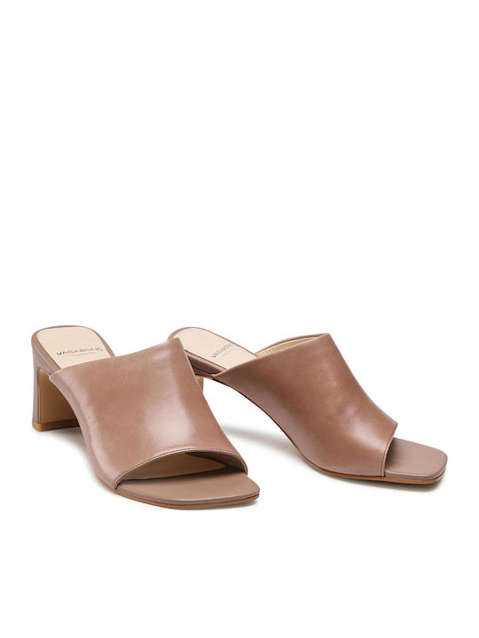 Luisa Leather Mules with Chunky High Heel in Beige Color