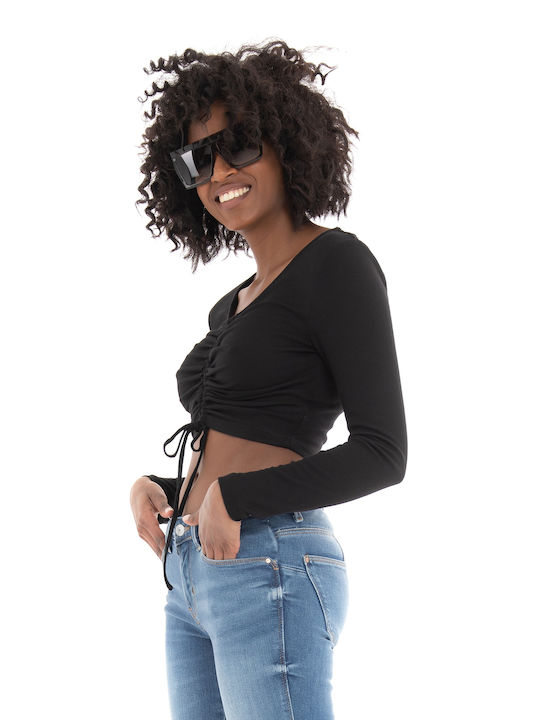 Only Women's Crop Top Long Sleeve with V Neckline Black