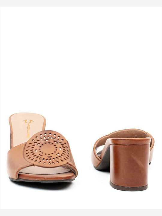 Leather Mules with Chunky Low Heel Tabac