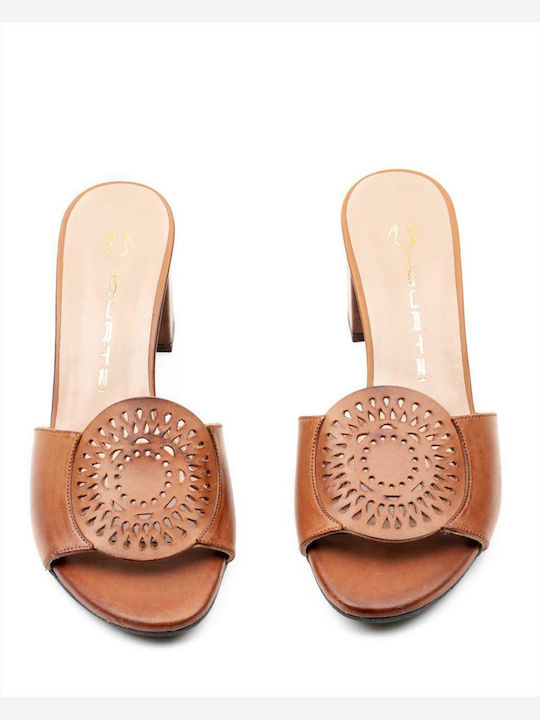 Leather Mules with Chunky Low Heel Tabac