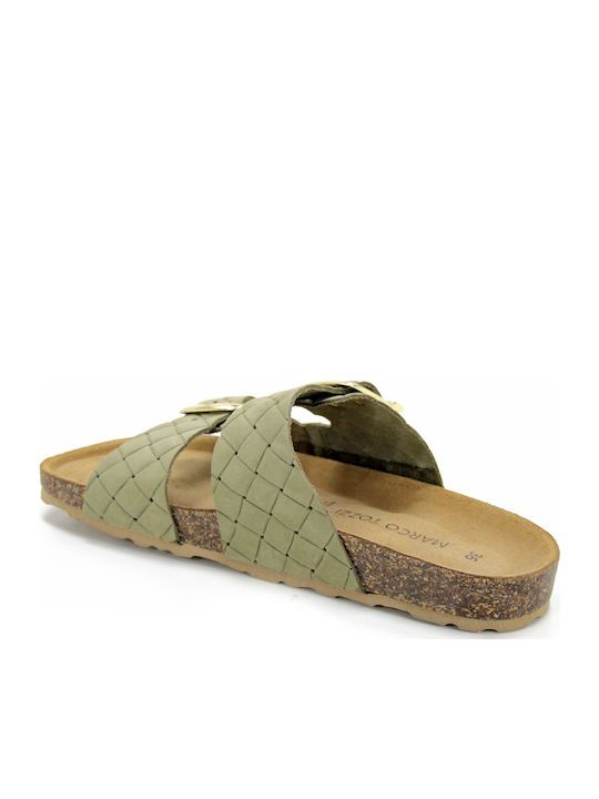 Leder Flache Sandalen für Damen in Khaki Farbe
