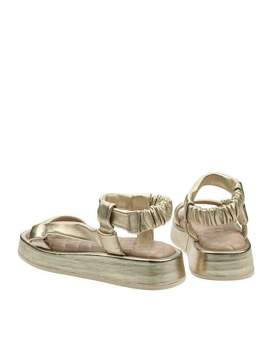 Leather Women's Flat Sandals Flatforms in Gold Color