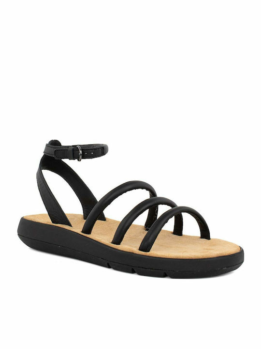 Jemsa Leather Women's Flat Sandals with Strap in Black Color