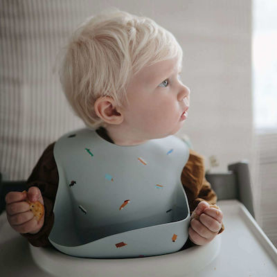 Mushie Retro Cars Waterproof Bib Silicone with Button & Pocket Gray