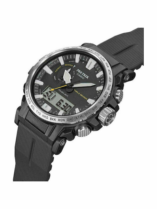 Casio Pro Trek Ανδρικό Ρολόι 47.1mm Χρονογράφος Solar με Μαύρο Καουτσούκ Λουράκι