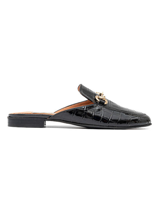 Leather flat black croco patent leather mule POLITIS