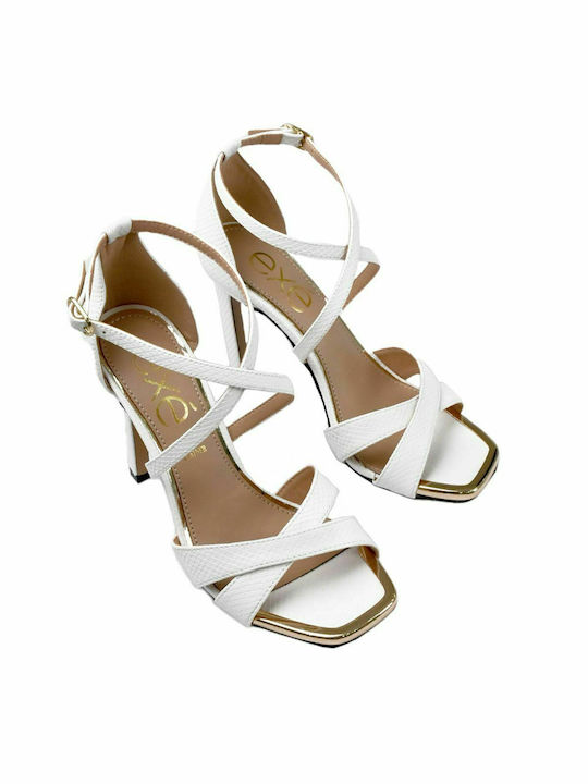 Exe Women's Sandals with Ankle Strap White with Thin High Heel