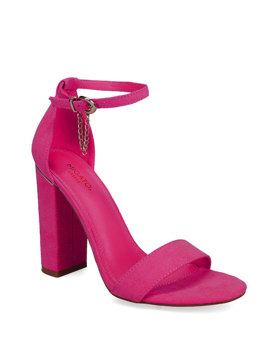 Migato Suede Women's Sandals with Ankle Strap Fuchsia with Chunky High Heel