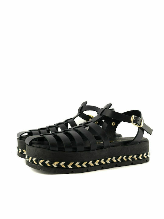 Love4shoes Leder Damen Flache Sandalen Flatforms in Schwarz Farbe