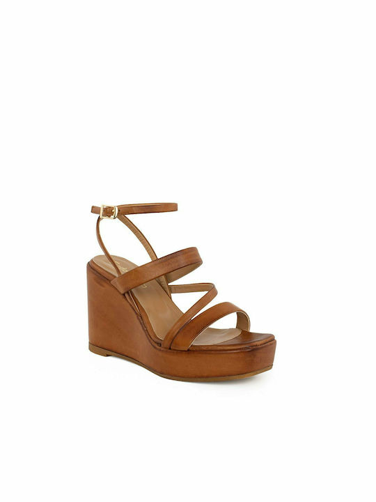 Fardoulis Women's Leather Ankle Strap Platforms Tabac Brown