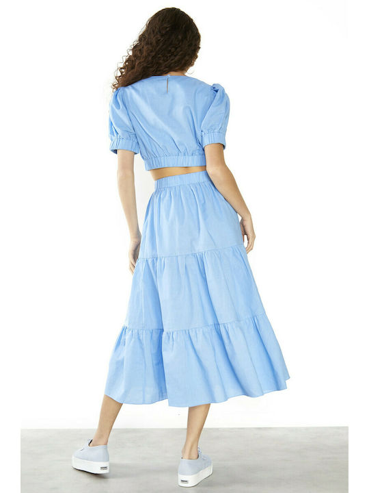 Glamorous Linen High Waist Midi Skirt in Blue color