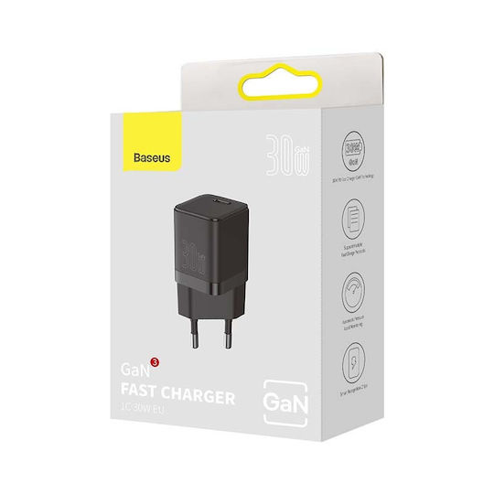 Baseus Φορτιστής Χωρίς Καλώδιο GaN με Θύρα USB-C 30W Power Delivery / Quick Charge 4+ Μαύρος (Cube Pro)
