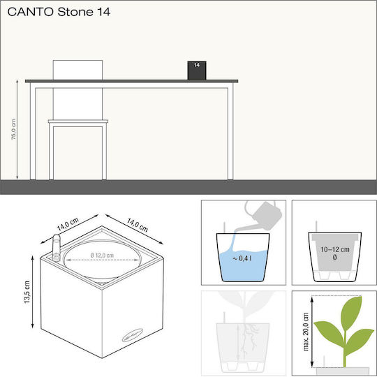Lechuza Canto Stone Selbstbewässernd Topf Kunststoff Stone Grey 14x14x13.5cm.