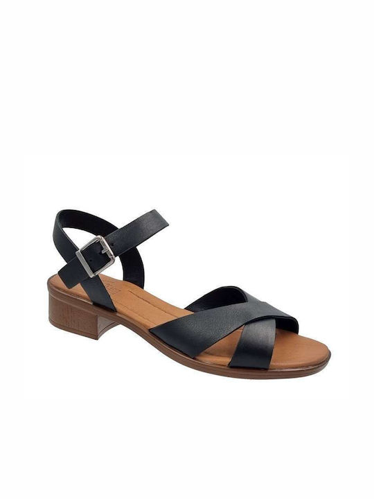 Boxer Leather Women's Sandals Black with Chunky Low Heel