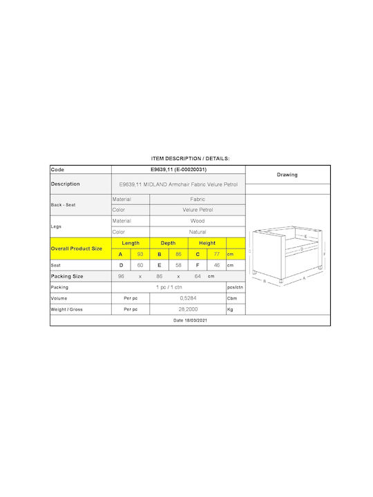 Midland Sessel Samt Petrol Blau 93x86x77cm