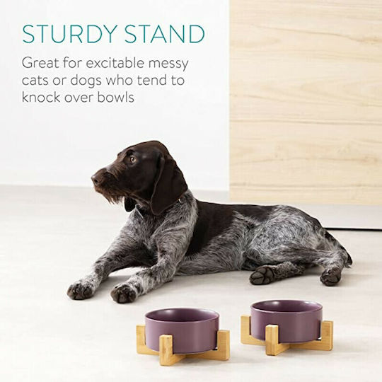 Navaris Ceramic Bowl Food & Water for Dog & Cat with Base 850ml 16cm in Purple Color 2pcs