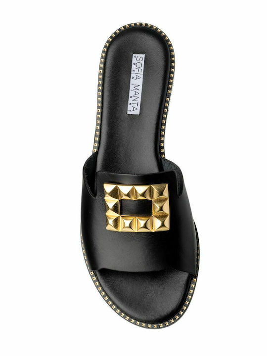 Leather Women's Flat Sandals in Black Color